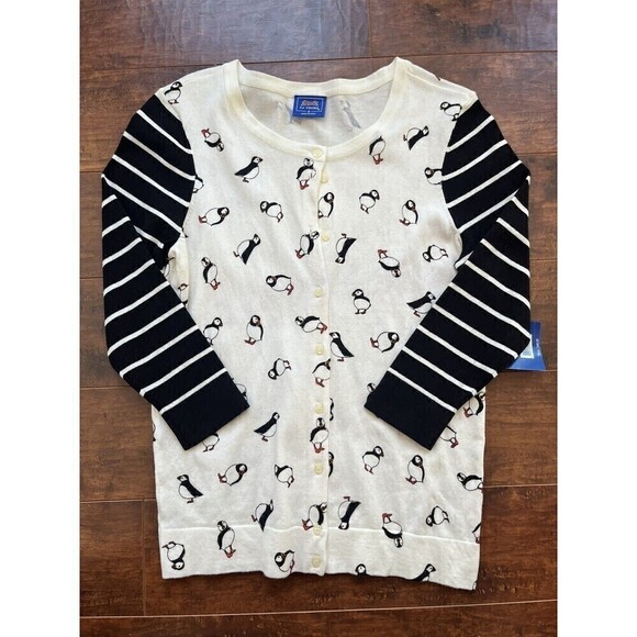 Le Tigre Womens Sweater Cardigan Penguin Print White Black Lightweight S NWT - Picture 1 of 8